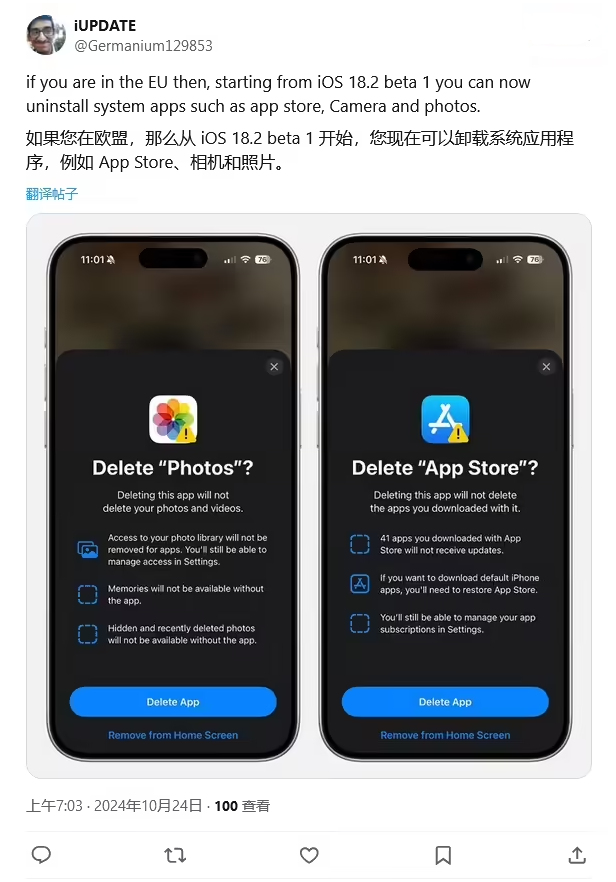 临沧苹果手机维修分享iOS 18.2 支持删除 App Store 应用商店 