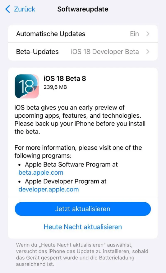 临沧苹果手机维修分享苹果 iOS / iPadOS 18 开发者预览版 Beta 8 发布 